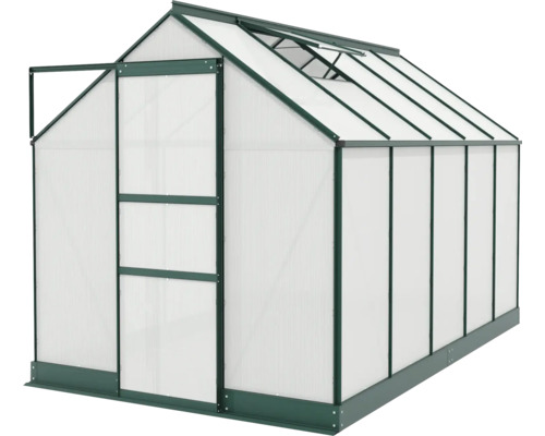 Gewächshaus mit geöffneter Tür und Dachfenster