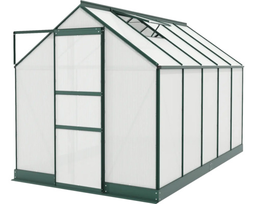 Gewächshaus mit geöffneter Tür und Dachfenster