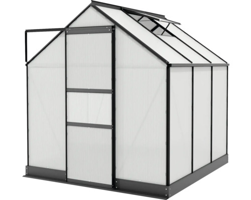 Gewächshaus mit geöffneter Tür und Dachfenster