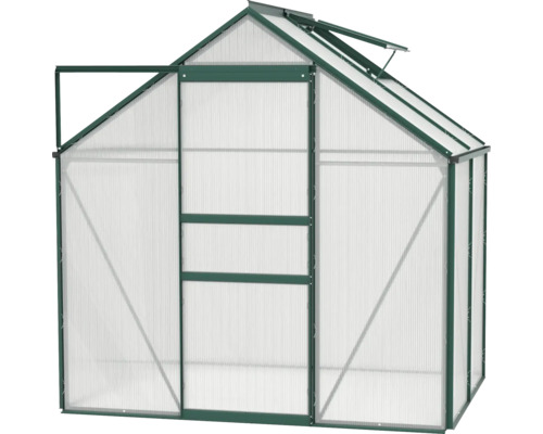 Gewächshaus mit geöffneter Tür und Dachfenster