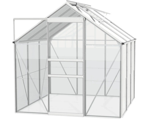 Gewächshaus mit geöffneter Tür und Dachfenster