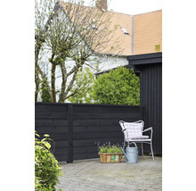 Gartenszene mit Holzzaun, Gartenstuhl, Giesskanne und Pflanzenkorb