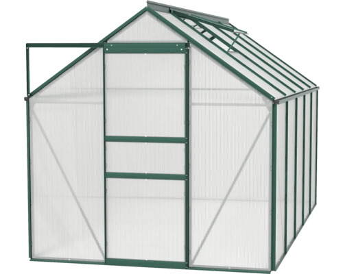 Serre avec porte ouverte et fenêtre de toit pour la culture de plantes