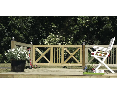 Terrasse en bois avec rambarde, mobilier de jardin et décoration