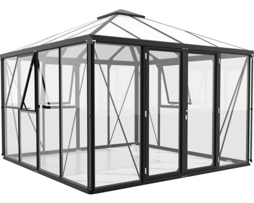 Serre avec parois en verre et cadre noir