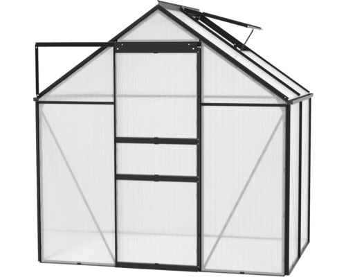 Gewächshaus mit geöffneter Tür und Dachfenster