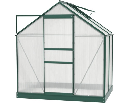 Gewächshaus mit geöffneter Tür und Dachfenster