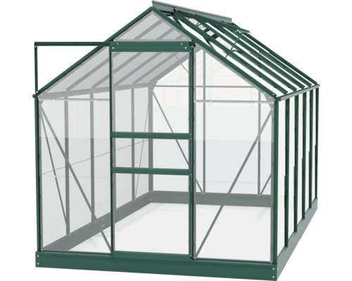 Gewächshaus mit geöffneter Tür und transparenten Wänden.