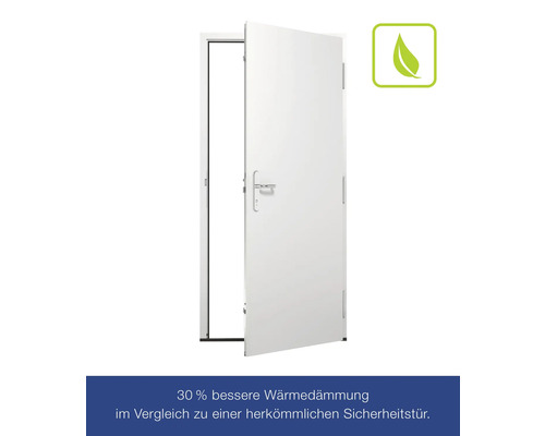 Porte de sécurité ouverte avec isolation thermique et label environnemental