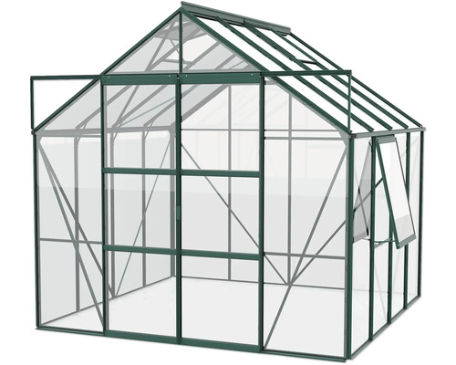 Gewächshaus mit Dachfenster und geöffneter Tür