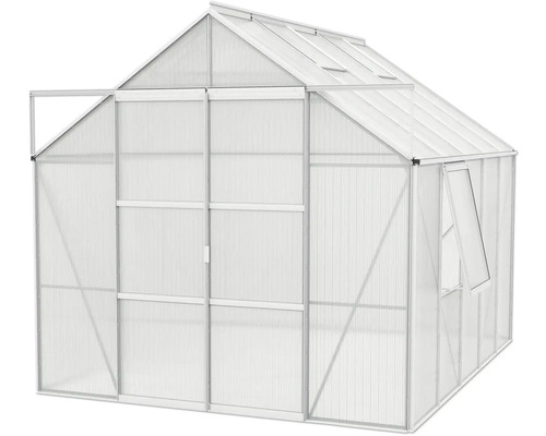 Gewächshaus mit geöffneter Tür und Fenster