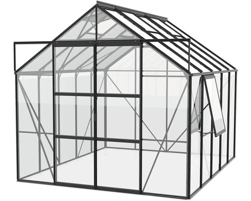 Gewächshaus mit geöffnetem Fenster und Tür