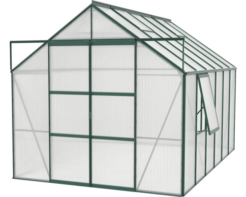 Gewächshaus mit geöffneter Tür und Fenster