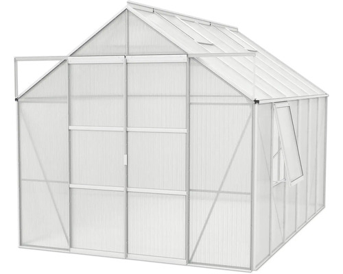 Gewächshaus mit geöffneter Tür und Fenster