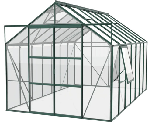 Serre avec fenêtres et porte ouvertes.