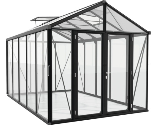 Serre avec parois en verre et double porte