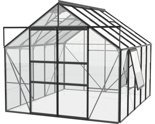 Gewächshaus mit geöffneter Tür und Fenster zur Pflanzenzucht