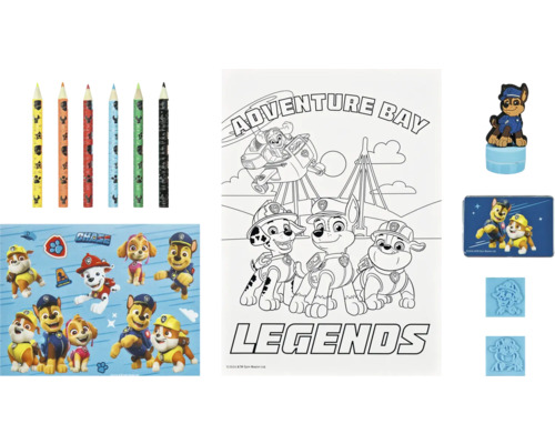 Paw Patrol Set avec stylos, page de coloriage, autocollants, tampon et encreur