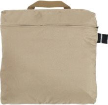 Sac de rangement beige avec fermeture éclair et poignée de transport.