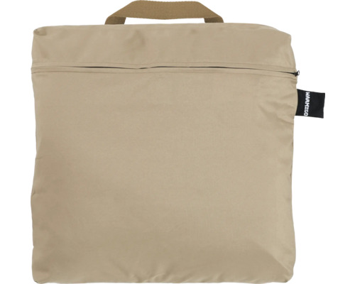 Sac de rangement beige avec fermeture éclair et poignée de transport.