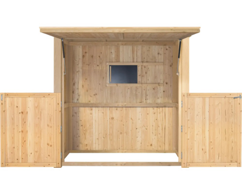 Espace barbecue Konsta petit modèle 218 x 95 cm naturel Armoire à outils ouverte en bois avec fenêtre