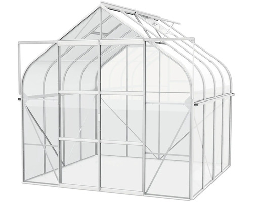 Gewächshaus mit geöffneter Tür und Dachfenster