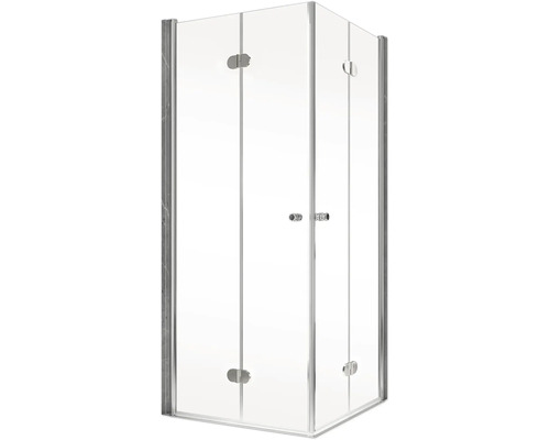 Cabine de douche d''angle avec portes en verre clair et ferrures argentées