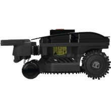 Robot tondeuse noir avec symboles d''avertissement