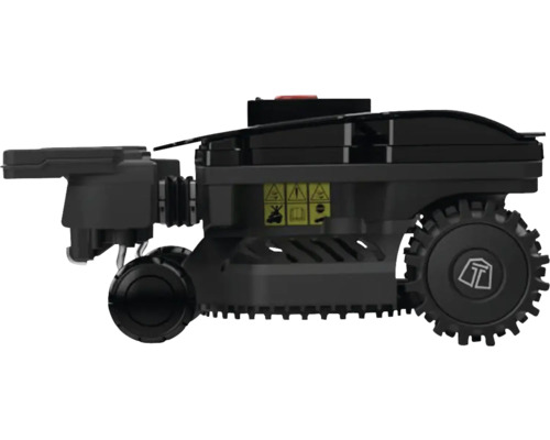 Robot tondeuse noir avec symboles d''avertissement