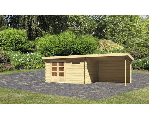 Abri de jardin Karibu Noorvik 8 avec extension de toit de 3 m, panneau arrière 669 x 297 cm naturel