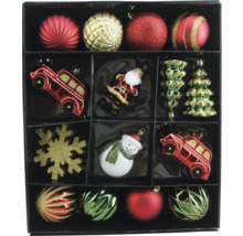 Assortiment de boules et figurines de Noël en boîte