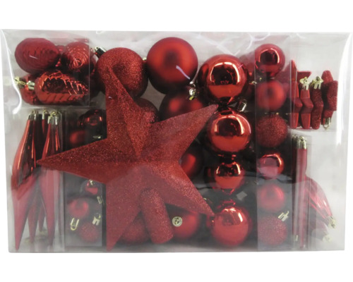 Boules de Sapin de Noël suspension déco Lafiora pack de 104 plastique rouge