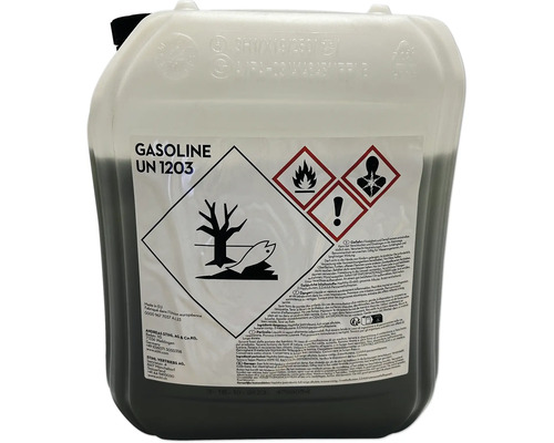 Essence dans un bidon avec symboles de danger.