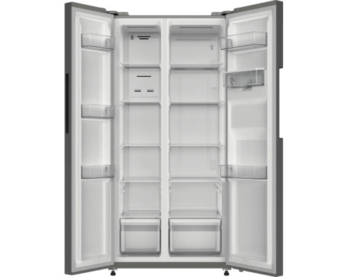 Réfrigérateur combiné américain ouvert avec étagères et tiroirs