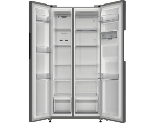 Réfrigérateur combiné américain ouvert avec étagères et tiroirs