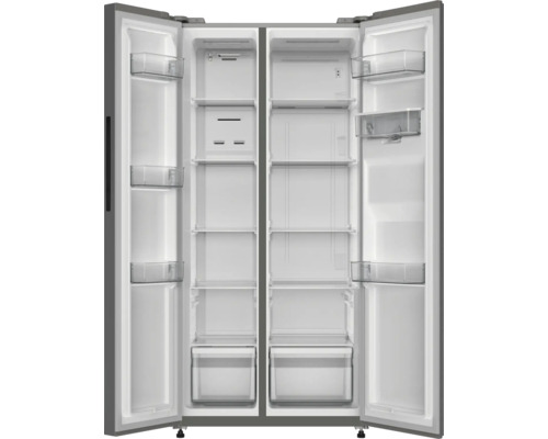 Réfrigérateur côte à côte ouvert avec compartiments et tiroirs