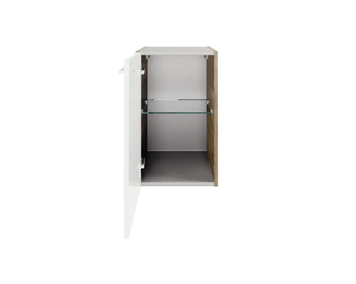 Armoire de salle de bains ouverte avec étagère en verre