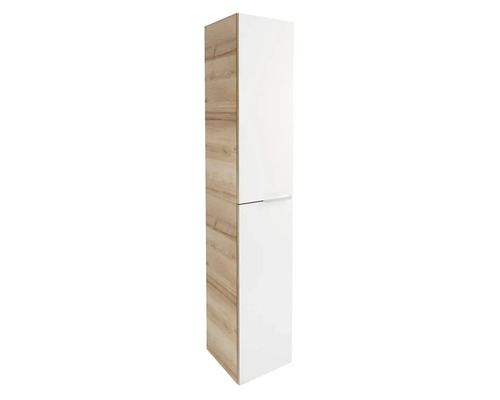 Armoire haute avec effet bois et porte blanche