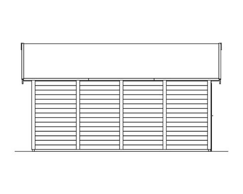 Vue d''un abri de jardin avec bardage horizontal en bois et toit