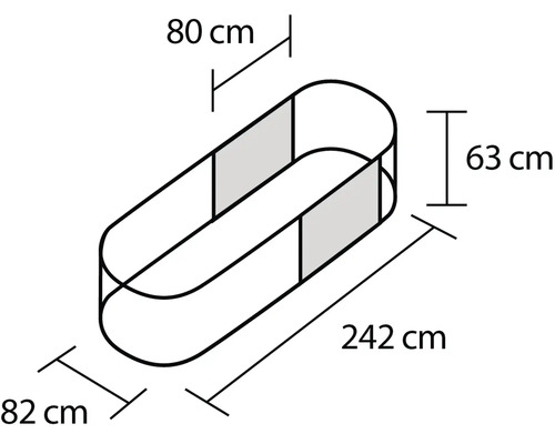 Zeichnung eines freistehenden Badewannenrahmens mit Abmessungen