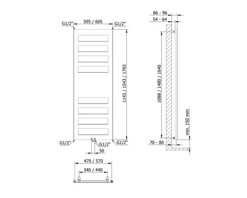 Technische Zeichnung eines Heizkörpers mit Maßangaben