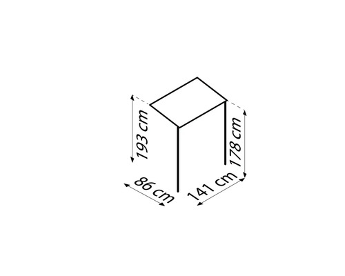 Skizze eines Tisches mit den Maßen 193 cm, 178 cm, 141 cm und 86 cm