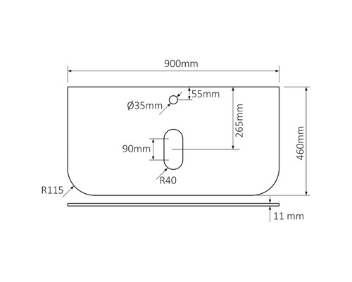 Technische Zeichnung eines Waschtisches mit Maßangaben