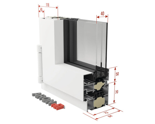 Coupe transversale d''une fenêtre en plastique avec indications de dimensions