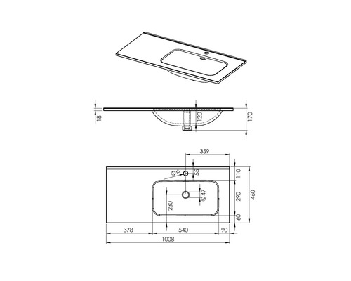 Technische Zeichnung eines Waschtisches mit Becken und Maßen