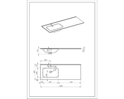 Technische Zeichnung eines Waschtisches mit Maßen.
