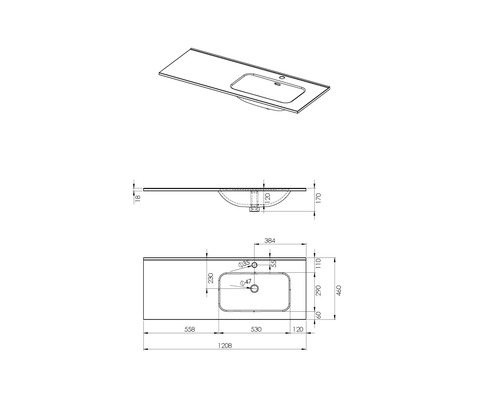 Technische Zeichnung eines Waschtischs mit Maßen