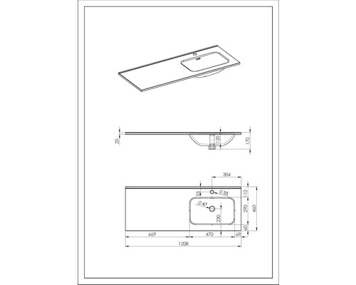 Technische Zeichnung eines Waschtisches mit Maßangaben