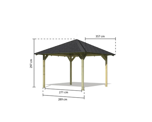 Abmessungen eines Pavillons mit Dach aus Bitumenschindeln: 297 cm Höhe, 357 cm Breite Dach, 271 cm Breite Fundament und 289 cm Gesamte Breite.