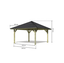 Holzpavillon mit Dach und Maßangaben